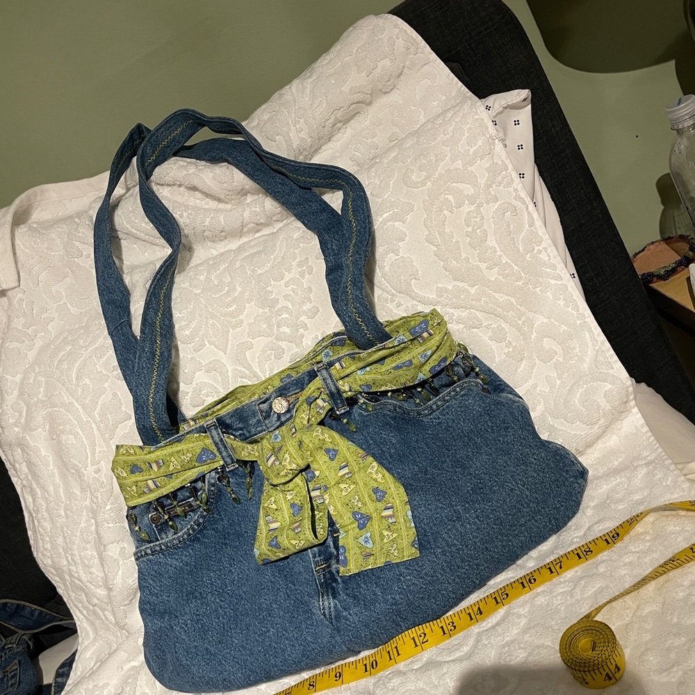 Y2K Denim Jean Purse Shoulder Bag Satchel Ornate Green Accents